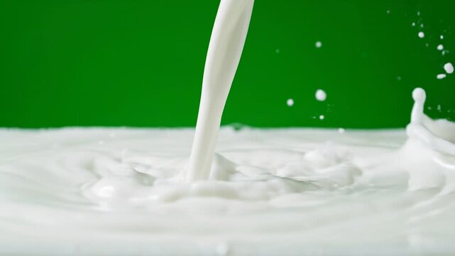 Fresh white milk pouring into a glass with splashing liquid ripples on green background