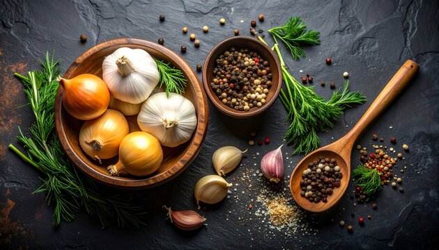 Cinematic top-down flat lay of rustic ingredients on dark textured slate. Golden onions, white garlic bulbs nestled in wooden bowls, accented by fresh dill sprigs, loose peppercorns, and wooden spoon