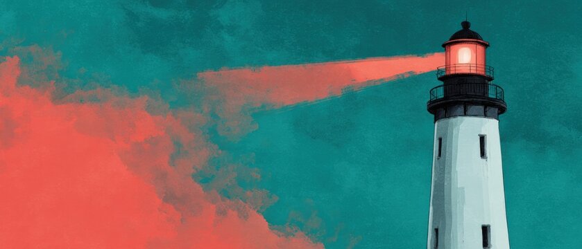 Lighthouse with glowing red light beam against dark teal sky digital illustration representing guidance safety in darkness