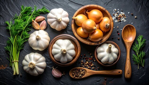 Cinematic top-down flat lay of rustic ingredients on dark textured slate. Golden onions, white garlic bulbs nestled in wooden bowls, accented by fresh dill sprigs, loose peppercorns, and wooden spoon