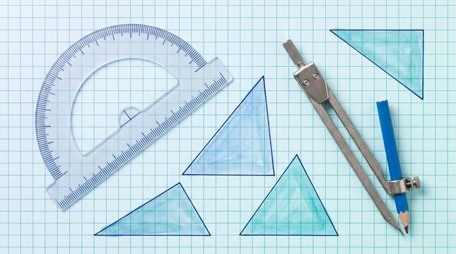 Technical drawing tools on graph paper, drafting compass and protractor set, architectural geometry equipment for engineering and math education