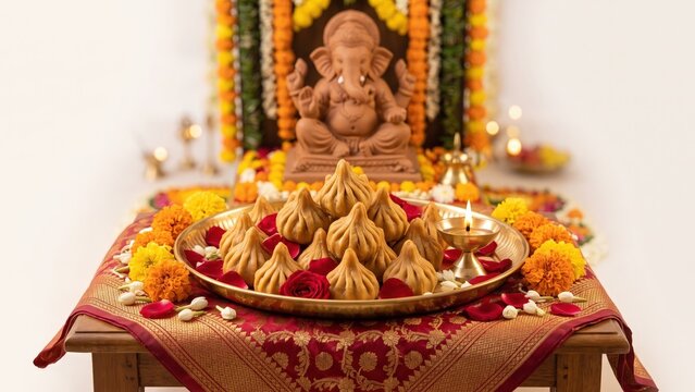 Modak Offering Thali Before Lord Ganesha &ndash; Ganesh Festival Prasad

