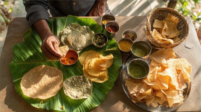 Traditional Indian meal served on banana leaf with papadums and chutneys. A person enjoys a flavorful Indian snack with various dips and crispy papadums served traditionally on a banana leaf