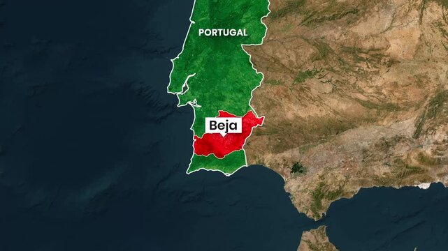 Portugal map highlighting the Beja region in animated motion footage