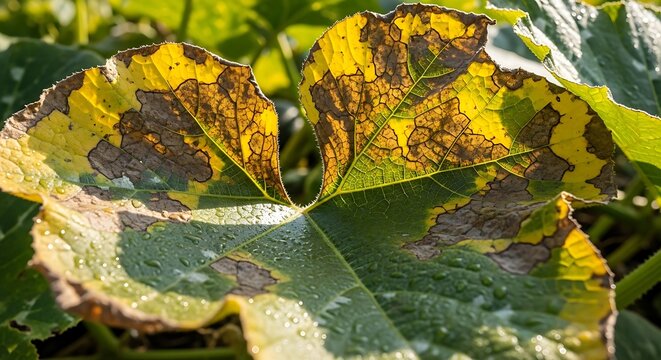 Close up of diseased pumpkin plant leaves with brown spots and yellowing