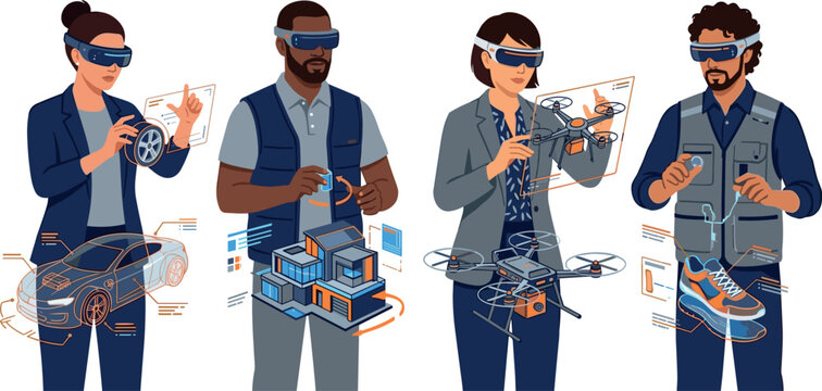 Augmented Reality Industrial Design and Product Engineering Vector Concept Set with Diverse Professionals Wearing Smart Visors Modeling Cars Architecture Drones and Footwear