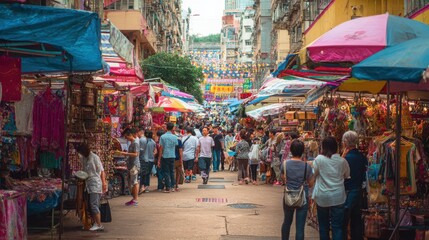 Obraz premium Crowded outdoor street market with vibrant stalls with architecture