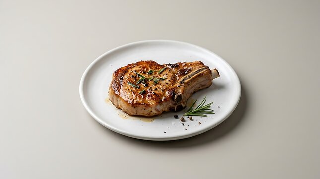 Delicious grilled pork chop seasoned with fresh herbs and spices served on a clean white round plate. chuleta de cerdo