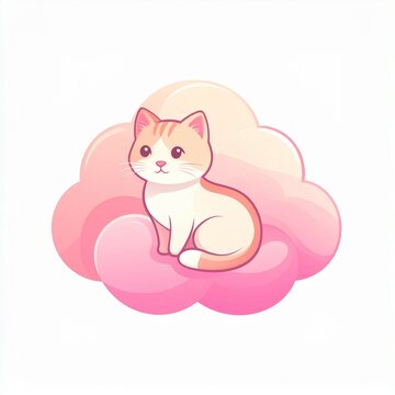 Cute Cat Sitting on Pink Cloud Flat Vector Logo Design