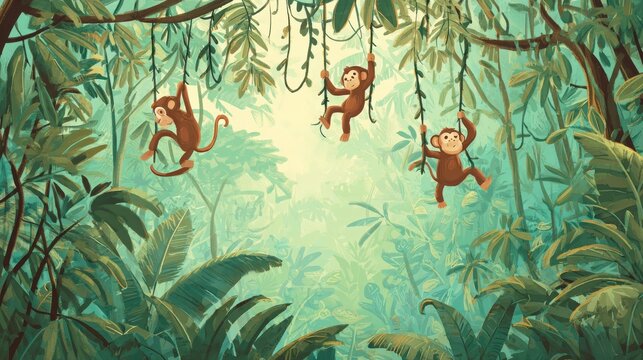 Playful monkeys swinging from lush jungle vines in cartoon