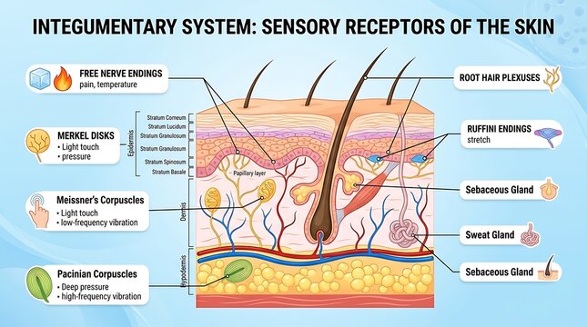 Integumentary system sensory receptors of human skin
