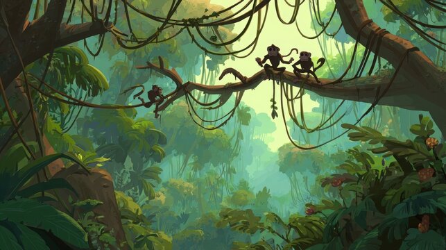 Three playful monkeys perched within a vibrant lush tropical