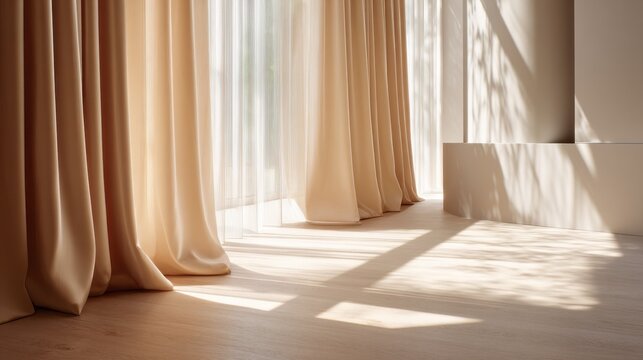 Sunlight streams through sheer and opaque curtains onto a wooden floor. Warm sunlight casts dramatic shadows across a minimalist interior with flowing beige curtains and a light wood floor