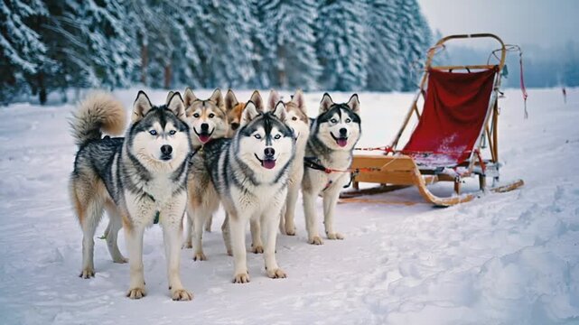 Huskies on a sled in the snow.
