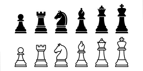 Chess Piece Icon Set, King Queen Knight Vector Collection, Black and White Chess Board Game Icons for Strategy Design © zisun