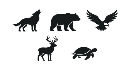 Obraz premium Collection of Animal Silhouettes Wolf Bear Eagle Deer Turtle.