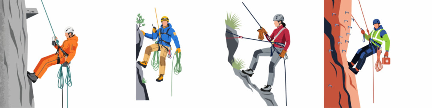 Flat design illustration collection of rock climbers and rescue workers rappelling down steep cliffs with professional equipment and safety gear.