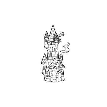 Black and White Line Art Illustration of a Wizard's Tower with Telescope and Smoke from Chimney, Fantasy Castle Design with Rune Inscriptions, Coloring Page Vector