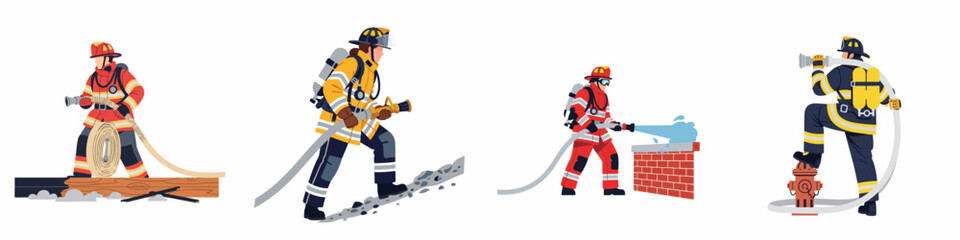Fototapeta premium Set of firefighter character illustrations in protective suits using fire hoses and hydrants for firefighting service concepts.