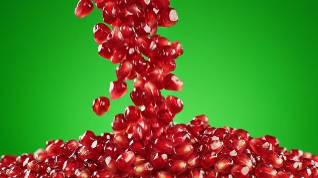 Fresh red pomegranate arils cascading down in slow motion on green background