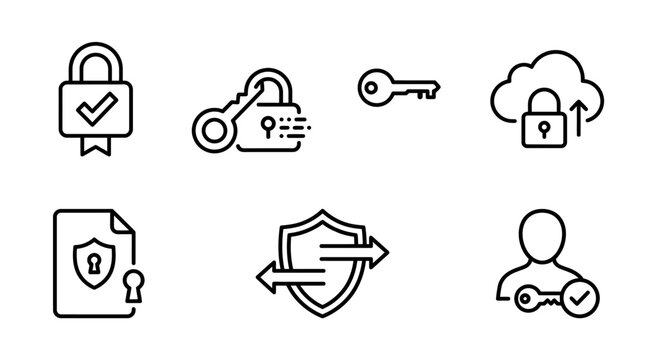 Symbols depicting security and data protection measures are presented as a collection of linear icons suitable for cybersecurity and digital privacy applications.