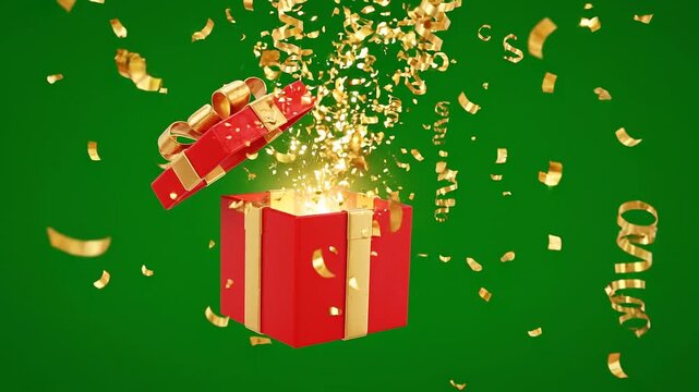 Bright red gift box exploding with golden confetti and glowing light on green background