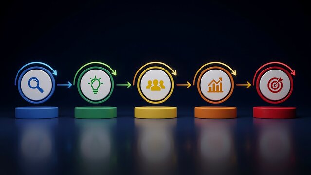 Business process flow with five colorful icons representing planning, idea generation, collaboration, growth, and target achievement.