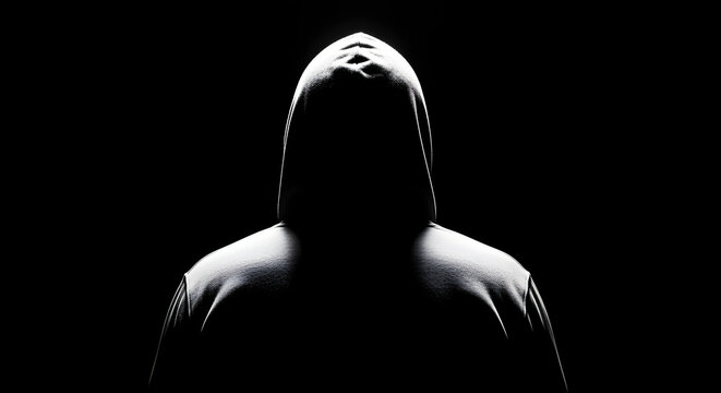 Mysterious hooded figure dark shadow background