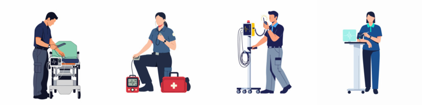 Set of paramedic characters in flat vector style performing emergency medical duties with various equipment isolated on white background