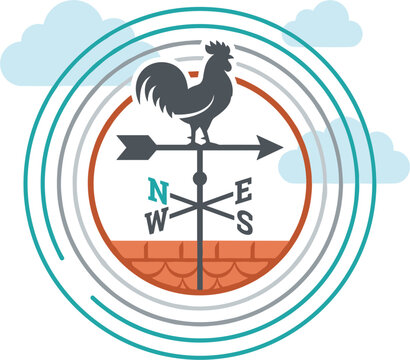Weather vane with rooster silhouette indicating direction on rooftop, surrounded by concentric circles and clouds, wind direction indicator