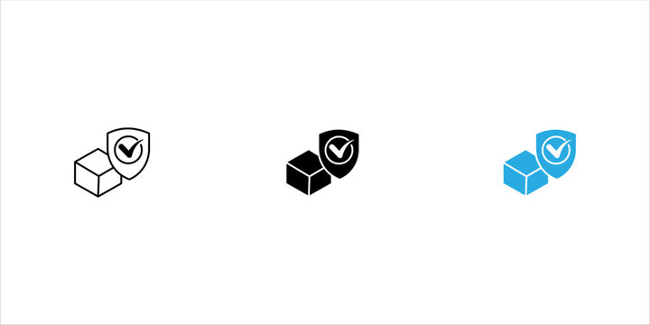 Minimal outline icon set.bof a package with a shield and check mark representing secure delivery, protected shipment, verified logistics, and safe packaging.
