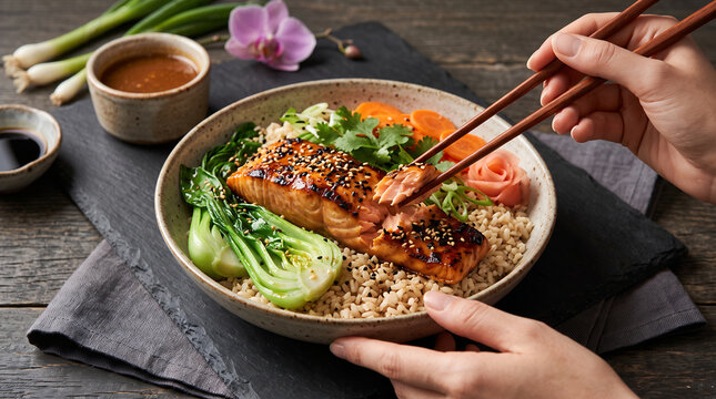 Miso-Glazed Salmon Bowl with Brown Rice &ndash; Healthy Asian-Inspired Macro Bowl Recipe