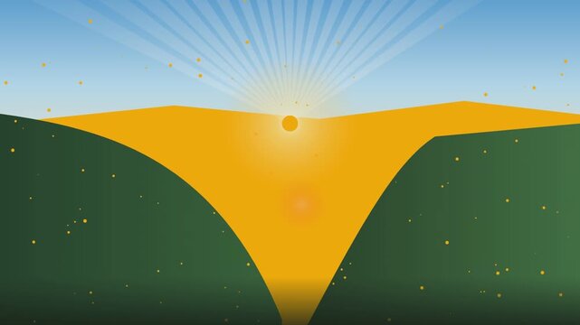 Minimalist sunrise over rolling green hills digital background a simple and clean digital animation featuring a golden sun rising over stylized with floating particles against