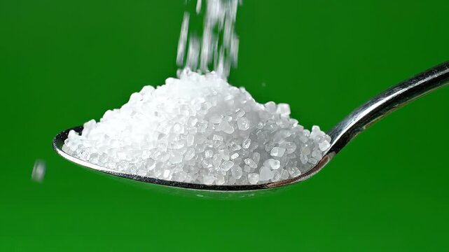 Close-up of white salt crystals pouring from a spoon against a green background