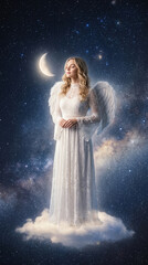 Fototapeta premium Beautiful divine angelic woman with blond hair and white feather wings standing in the starry night sky