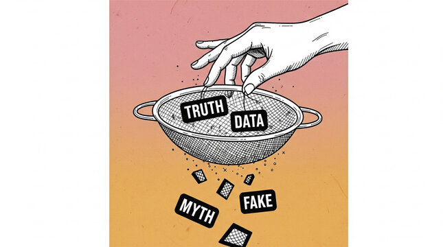 Hand sifts through data using a strainer to separate truth and facts from myths and fake information in a conceptual illustration.
