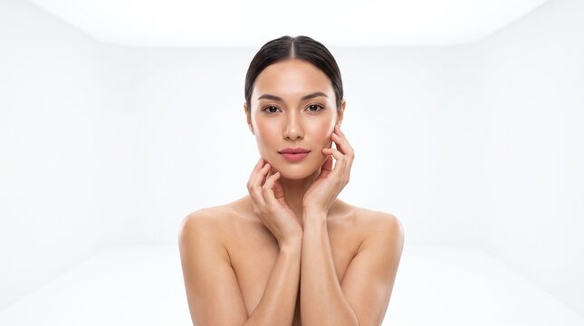 A beautiful young woman with flawless skin touching her face, posing in a bright white studio setting. Perfect for beauty and skincare concepts.