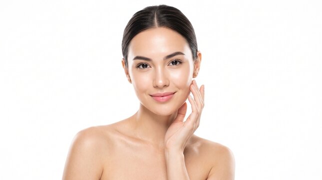 Portrait of a beautiful young woman with flawless skin, touching her face and smiling gently against a plain white background.