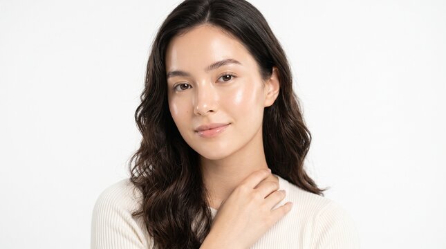 Portrait of a young woman with radiant, glowing skin and long wavy dark hair, posing elegantly against a white studio background.