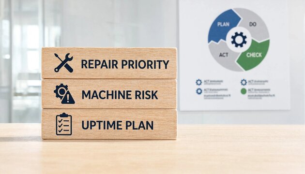 Organized maintenance system blocks showing repair priority machine risk and uptime plan with PDCA cycle chart