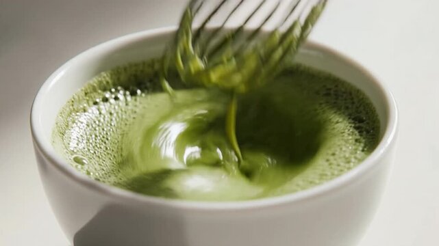 Green matcha tea whisked into a frothy foam in a white ceramic cup with a metal whisk, creating fine bubbles, concept of wellness and mindfulness.