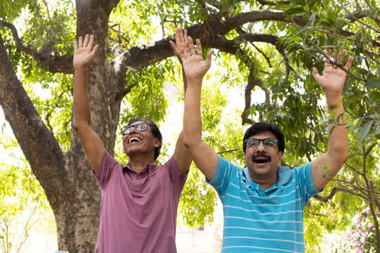 Two happy Indian senior male friends standing together in a park with their hands raised in celebration, laughing openly and looking at the camera. Concept of friendship, joy, active after retirement.
