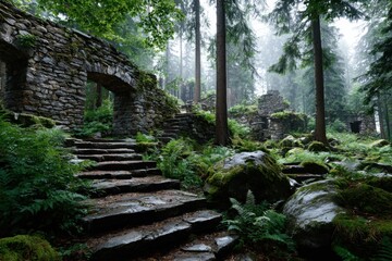 Obraz premium Stone steps leading to mossy ruins in a misty forest