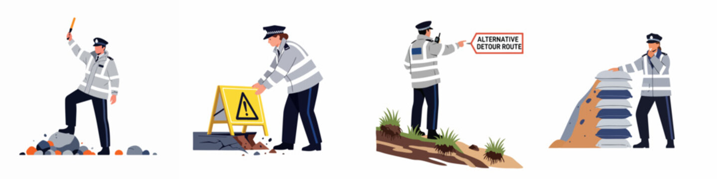 Flat illustration set of traffic police and emergency responders managing road hazards, detours, and flood defenses on a white background.