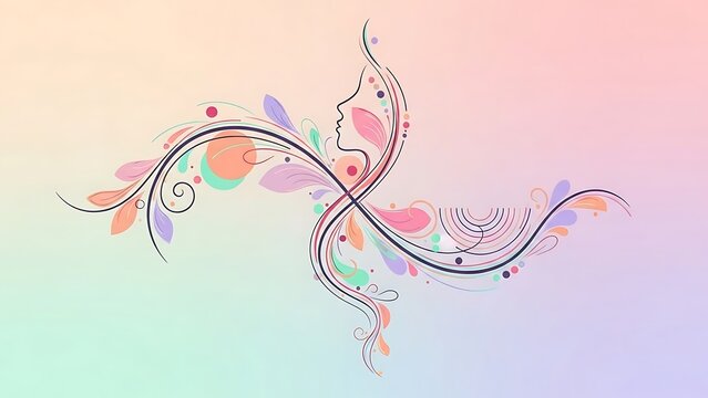 Minimalist line art woman profile with floral swirls, elegant feminine face silhouette with pastel botanical elements, artistic beauty concept illustration for wellness spa
