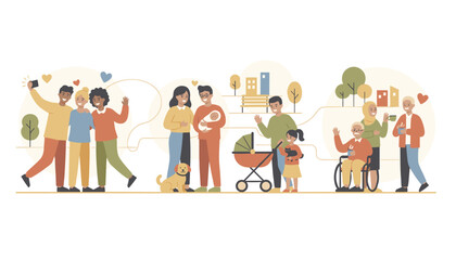 Fototapeta premium Diverse collection of multi-generation family members spending time outdoors, walking dogs, pushing strollers, and socializing.
