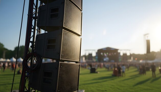 Close up of professional outdoor concert speaker system equipment on a stage truss at a summer music festivals july event for live audio entertainment concept