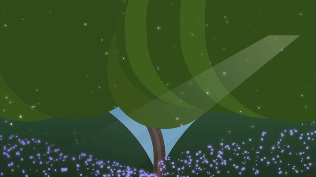 Stylized forest landscape with floating purple glowing particles abstract flat design of a tree in a lush green environment with magical drifting through the air