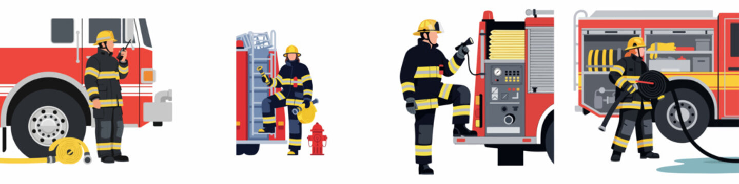 Flat illustration set of firefighters in uniform operating fire trucks and equipment for emergency response and rescue services.