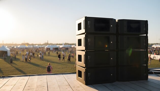 Professional outdoor speakers and sound system equipment stacked on stage before a live summer music festival in July for event entertainment concept